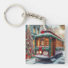 Vintage Kersttram in Snow Sleutelhanger