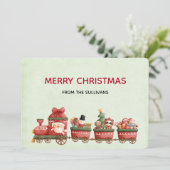 Vintage kersttrein met een speelgoedfeestkaart feestdagenkaart (Staand voorkant)