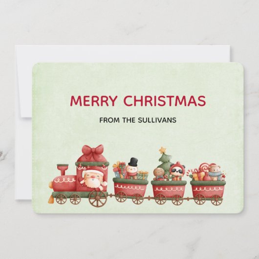 Vintage kersttrein met een speelgoedfeestkaart feestdagenkaart (Voorkant)