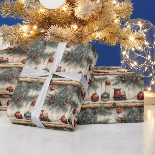 Vintage Kersttrein Ornamenten Pine Branches Cadeaupapier (Feestdagen)