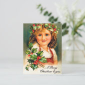 Vintage Kerstvakantie Holly meisje briefkaart (Staand voorkant)