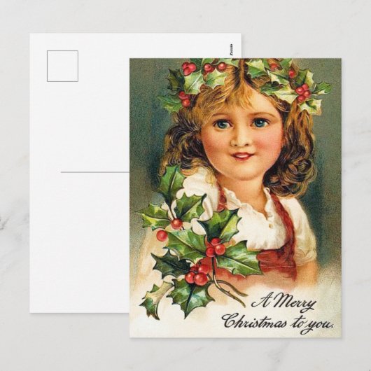 Vintage Kerstvakantie Holly meisje briefkaart (Voorkant / Achterkant)