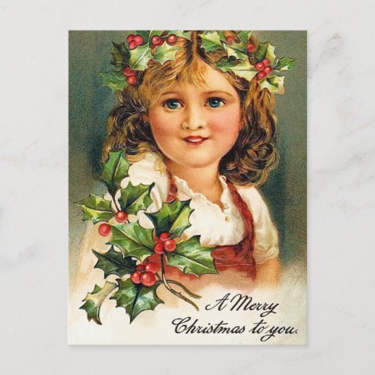 Vintage Kerstvakantie Holly meisje briefkaart (Voorkant)