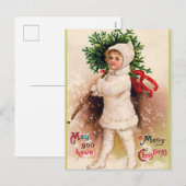 Vintage Kerstvakantie Kind en boom briefkaart (Voorkant / Achterkant)