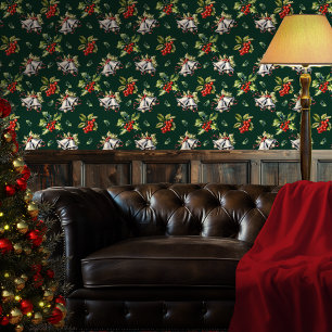 Vintage Kerstvakantie Zilveren klokken en Holly Behang
