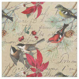 Vintage kerstvogel en Poinsettia Holiday Stof