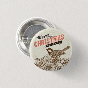 Vintage kerstvogel en ventilator      ronde button 3,2 cm