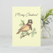 Vintage kerstvogel op Holly Branch Feestdagenkaart (Staand voorkant)