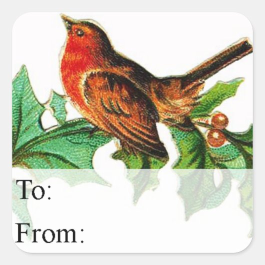 Vintage kerstvogel op Holly Gift Label (Voorkant)