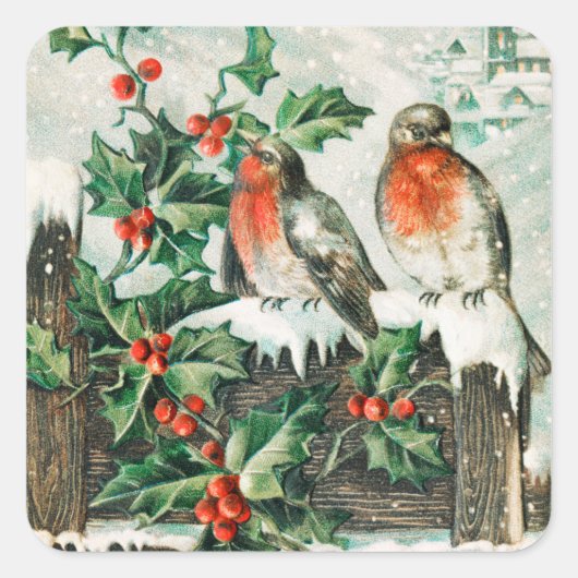 Vintage kerstvogelfeestdag vierkante sticker (Voorkant)