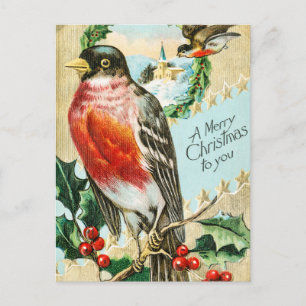 Vintage kerstvogels en Holly Winter Snow Feestdagenkaart