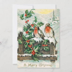 Vintage kerstvogels en Holly Winter Snow Feestdagenkaart