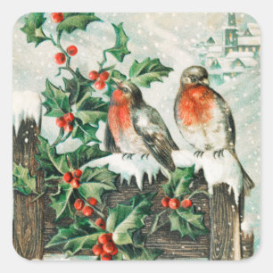 Vintage kerstvogels en Holly Winter Snow Vierkante Sticker
