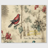 Vintage Kerstvogels Holly Berry Cadeaupapier (Vlak)