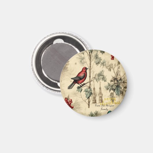 Vintage Kerstvogels Holly Berry Magneet (Voorkant / Achterkant)