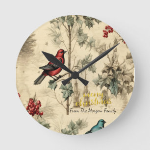 Vintage Kerstvogels Holly Berry Ronde Klok