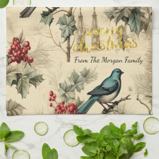 Vintage Kerstvogels Holly Berry Theedoek (Gevouwen)