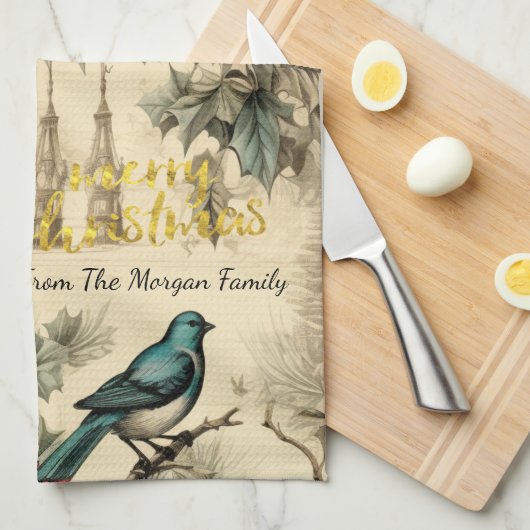 Vintage Kerstvogels Holly Berry Theedoek (Quarter Fold)