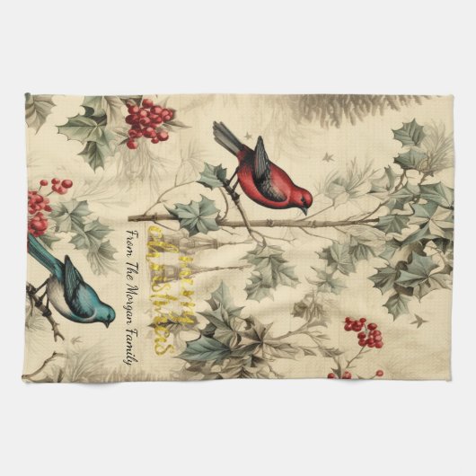 Vintage Kerstvogels Holly Berry Theedoek (Horizontaal)
