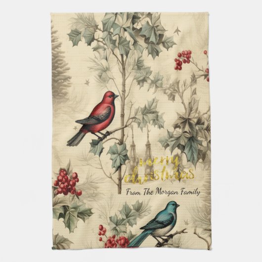 Vintage Kerstvogels Holly Berry Theedoek (Verticaal)