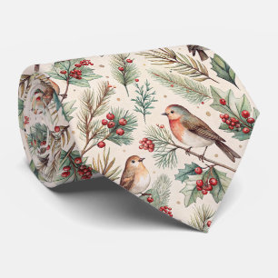 Vintage Kerstvogels - Hulst en Roodborstje Stropdas
