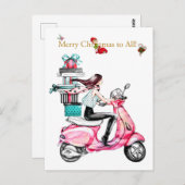 Vintage kerstvrouw op een roze scooter briefkaart (Voorkant / Achterkant)