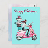 Vintage kerstvrouw op een roze scooter briefkaart (Voorkant / Achterkant)