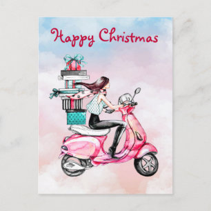 Vintage kerstvrouw op een roze scooter briefkaart