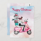 Vintage kerstvrouw op een roze scooter briefkaart (Voorkant / Achterkant)