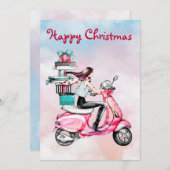 Vintage kerstvrouw op een roze scooter feestdagenkaart (Voorkant / Achterkant)