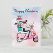Vintage kerstvrouw op een roze scooter feestdagenkaart (Staand voorkant)