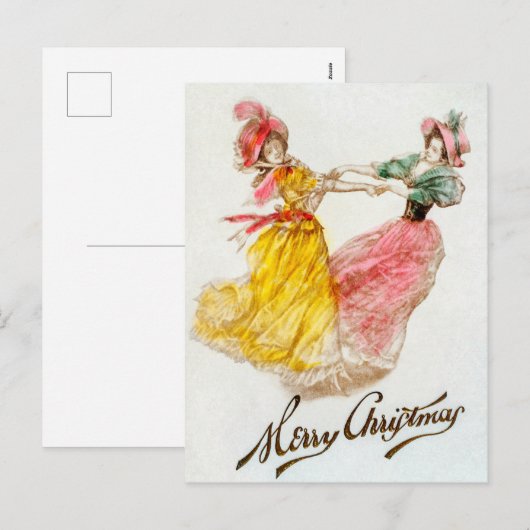 Vintage kerstvrouwen dansen (1900) feestdagenkaart (Voorkant / Achterkant)