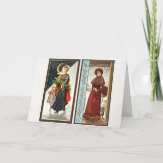 Vintage kerstvrouwen en kinderen (1865-1899) feestdagen kaart