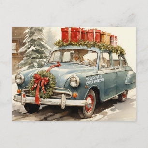 Vintage kerstwagen met Cadeaus Feestdagenkaart