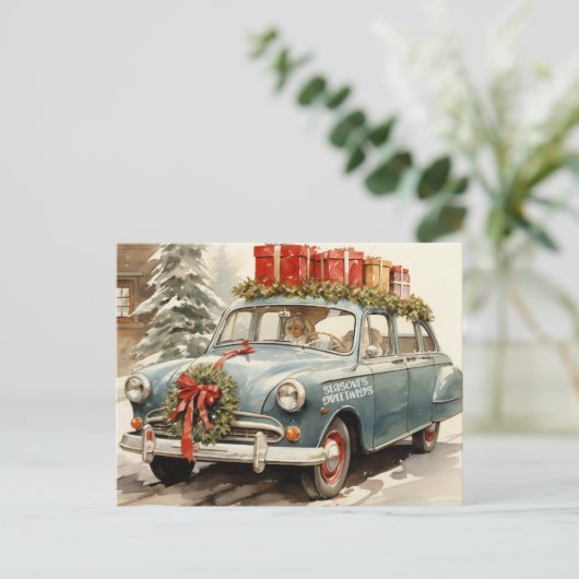 Vintage kerstwagen met Cadeaus Feestdagenkaart (Staand voorkant)