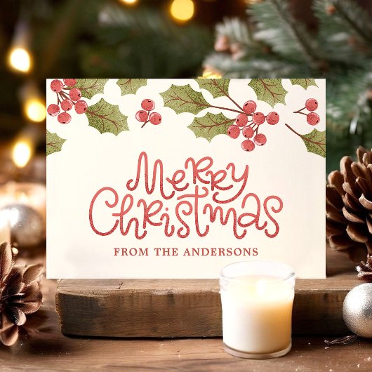 Vintage kerstWaterverf Holly Leaves Monogram Briefkaart