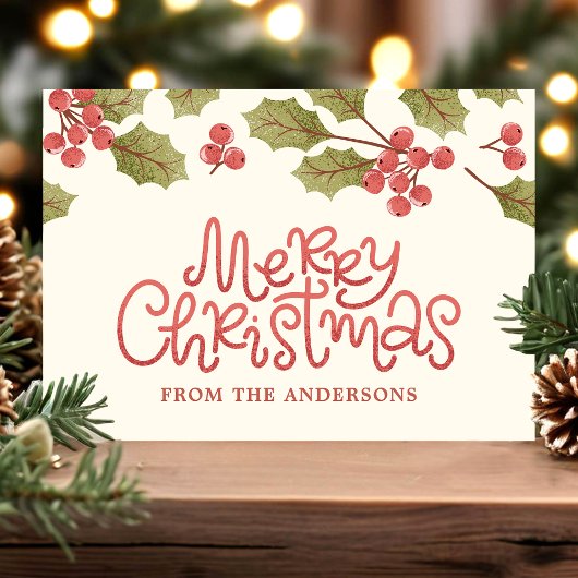 Vintage kerstWaterverf Holly Leaves Monogram Briefkaart