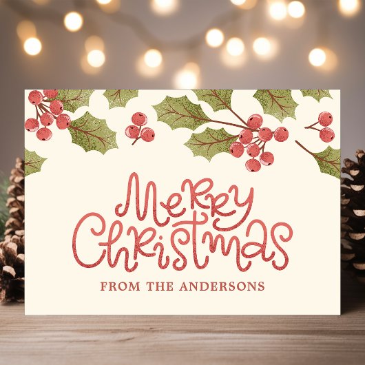 Vintage kerstWaterverf Holly Leaves Monogram Briefkaart