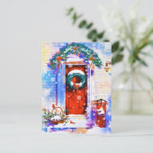 Vintage Kerstwinter - Rode startdeur Waterverf Feestdagenkaart (Staand voorkant)