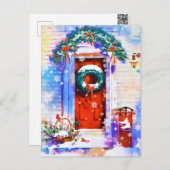 Vintage Kerstwinter - Rode startdeur Waterverf Feestdagenkaart (Voorkant / Achterkant)