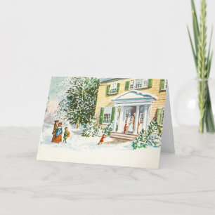 Vintage Kerstwinter Sneeuwthuis Feestdagen Kaart