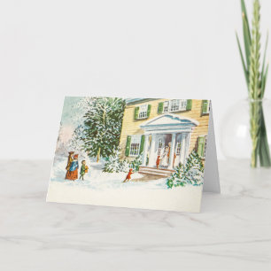 Vintage Kerstwinter Sneeuwthuis Feestdagen Kaart