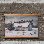 Vintage kerstwinterscène met hut hangend wandkleed