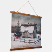 Vintage kerstwinterscène met hut hangend wandkleed (Gebogen)