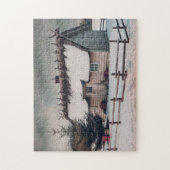 Vintage kerstwinterscène met hut legpuzzel (Verticaal)