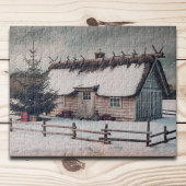 Vintage kerstwinterscène met hut legpuzzel