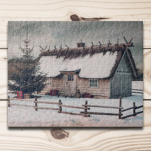 Vintage kerstwinterscène met hut legpuzzel