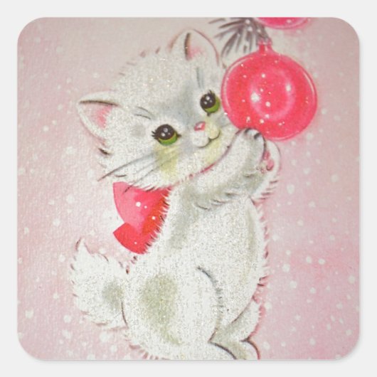 Vintage-kerstwit Kat Vierkante Sticker (Voorkant)