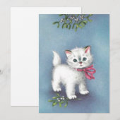Vintage kerstwitte kat onder mistletoe feestdagenkaart (Voorkant / Achterkant)