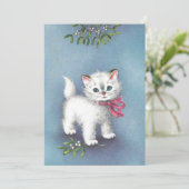 Vintage kerstwitte kat onder mistletoe feestdagenkaart (Staand voorkant)